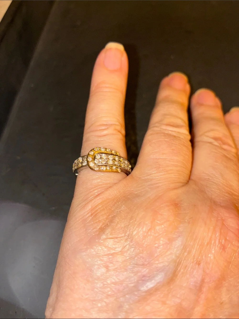 Gold-Tone Buckle Stretch Ring with Clear Pavé Crystals